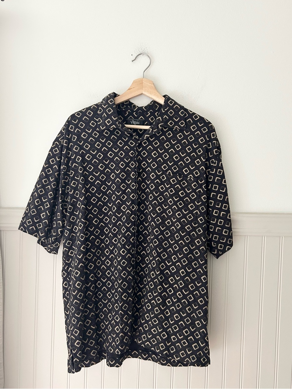 Vintage Villini Mens 100% Silk Shirt Large Abstract Short Sleeve Button Down